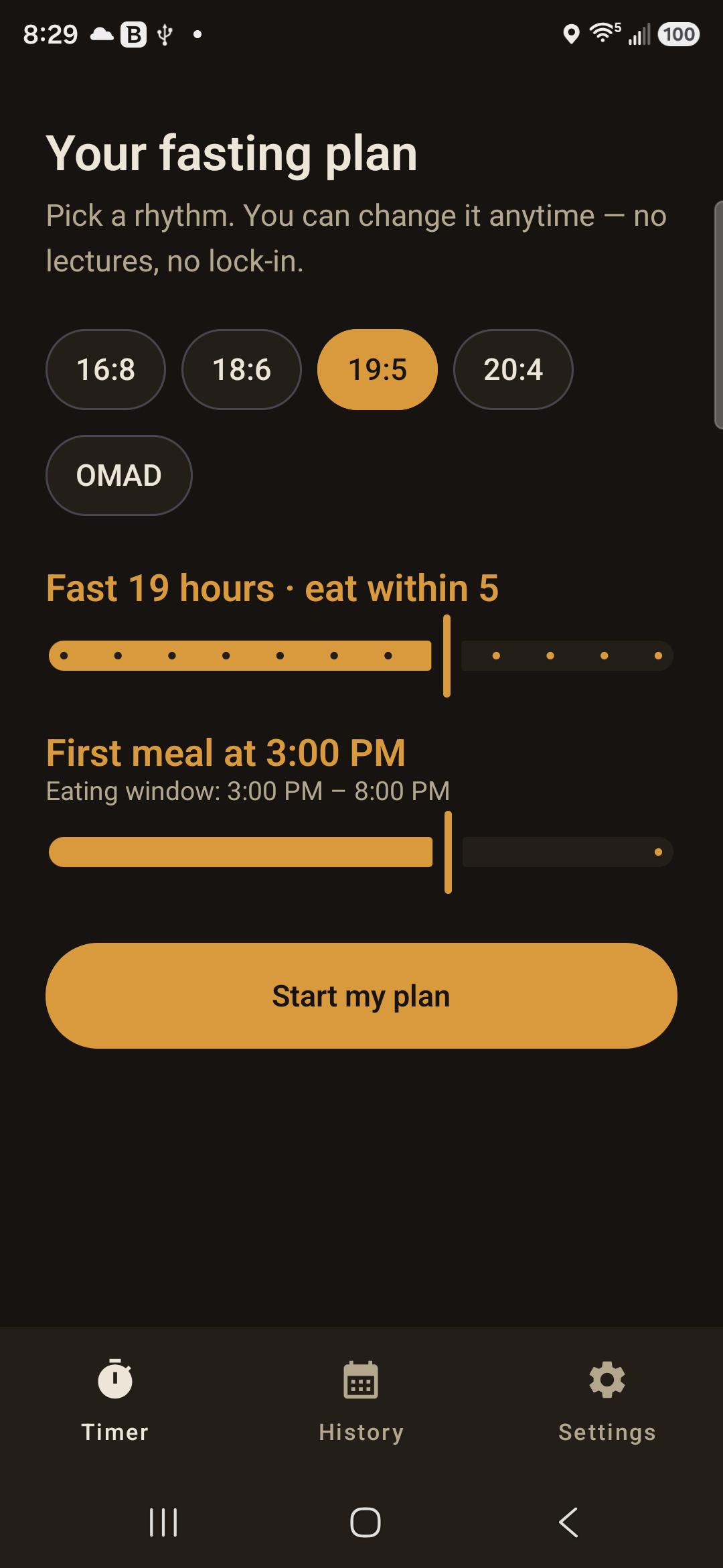 Plan setup with preset chips and sliders showing a 19:5 plan starting at 3 PM